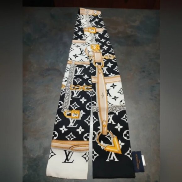 Louis Vuitton Accessories - Authentic Louis Vuitton Monogram Silk Scarf in Black, White, and Gold
